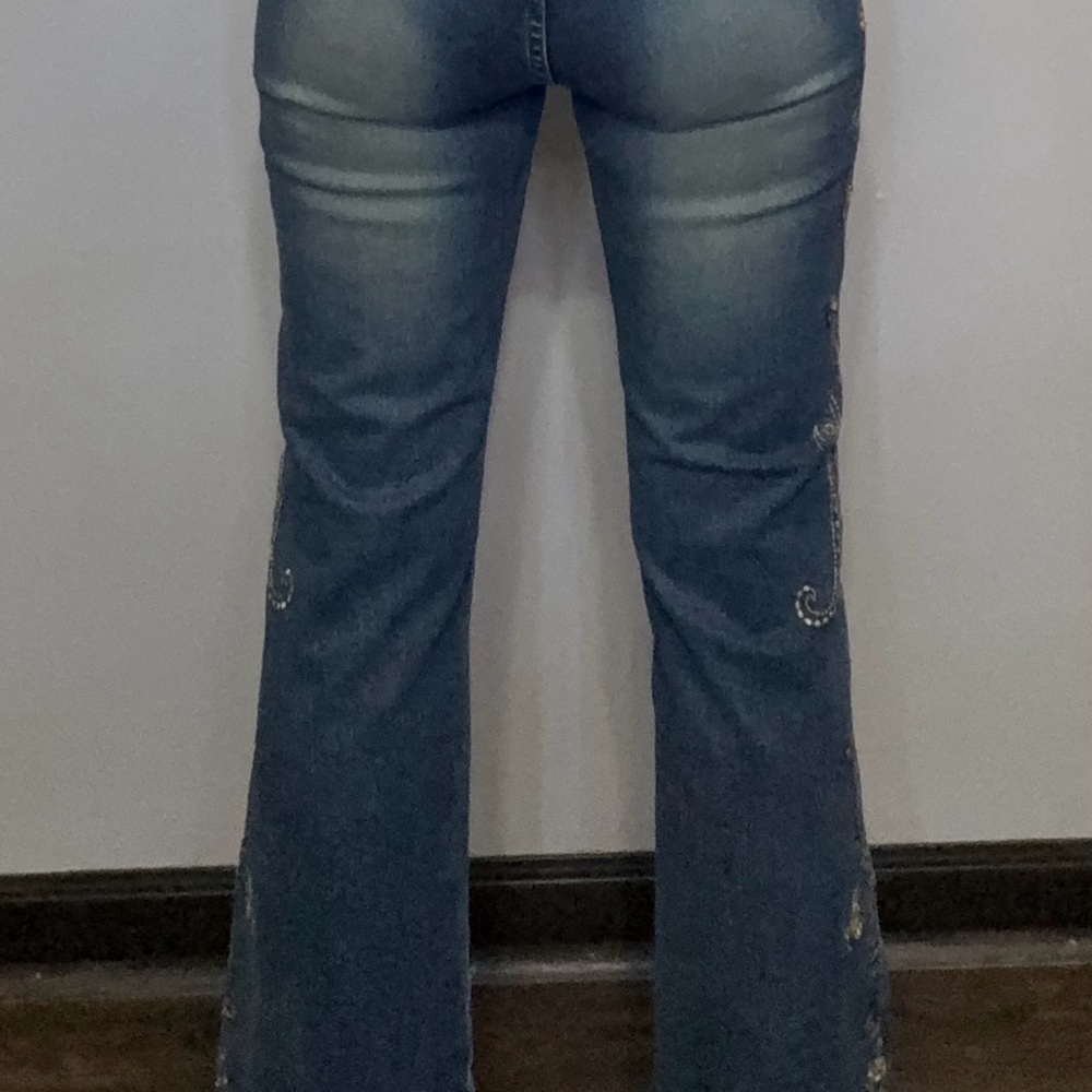 Z Cavaricci Jeans Womens 5 Blue Embroidered Floral Bootcut Denim Boho Y2K - Picture 3 of 6